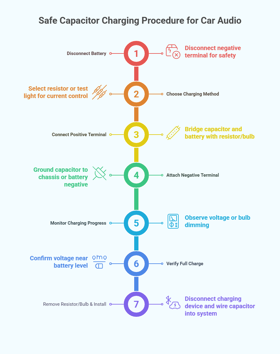 Safe Capacitor Charging Procedure for Car Audio infographic