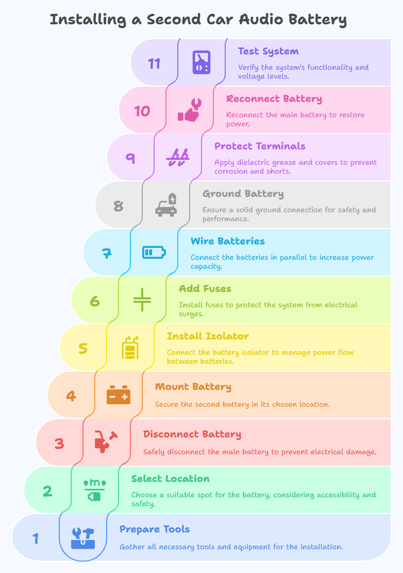 11 Steps for Installing a Second Battery for Car Audio - infographic