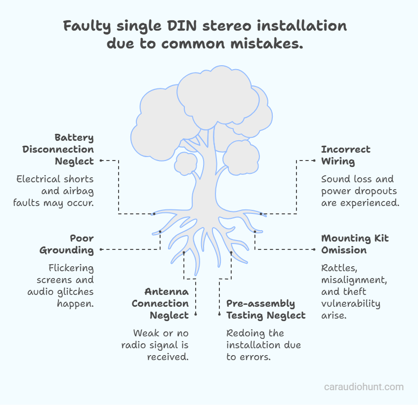 Faulty single DIN stereo installation due to common mistakes. Faulty single DIN stereo installation due to common mistakes.