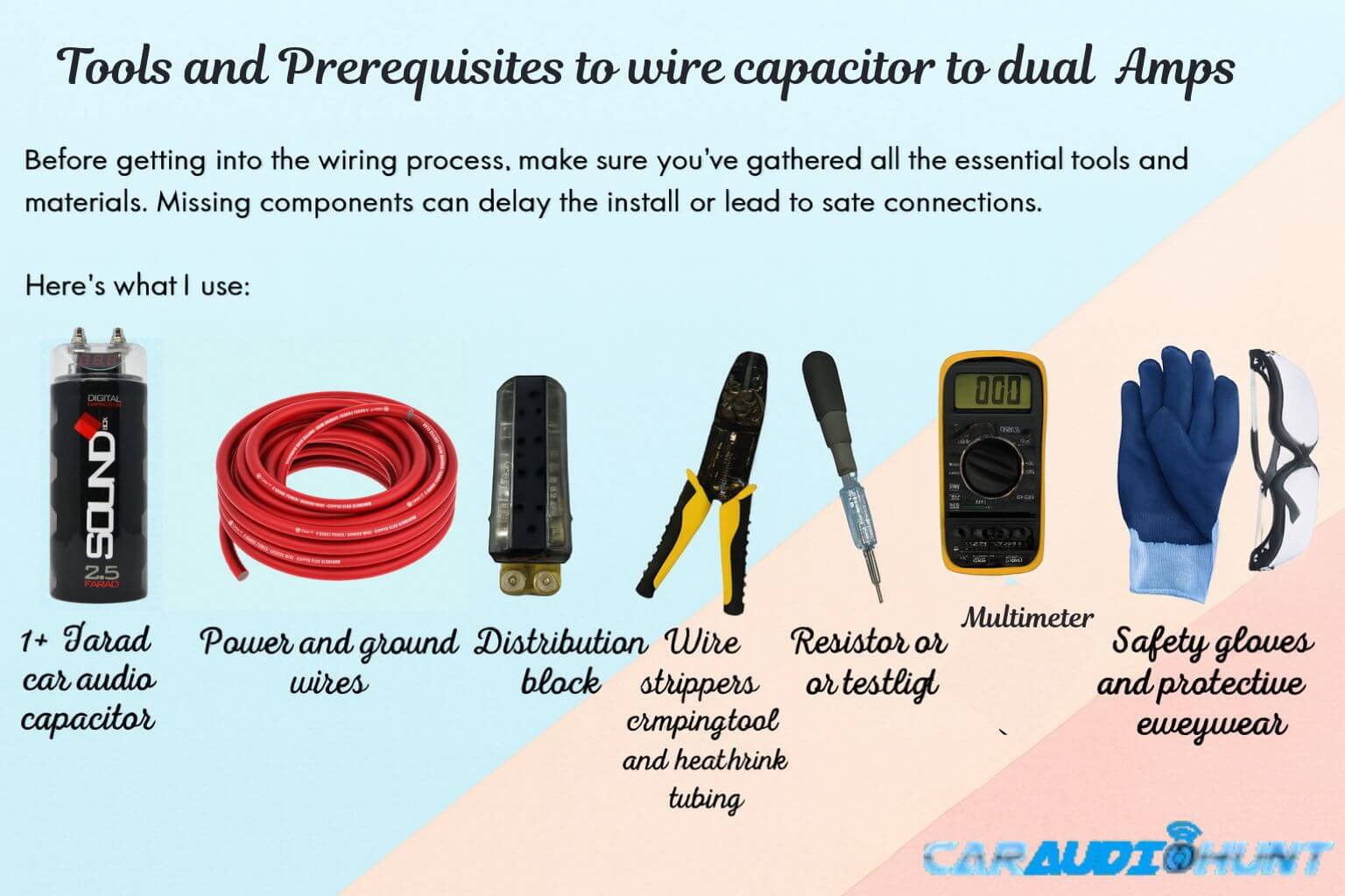 Tools and Prerequisites to wire capacitor to dual Amps